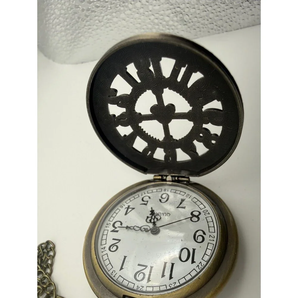 Steampunk Antique Bronze Unisex Quartz Pocket Watch Necklace Chain